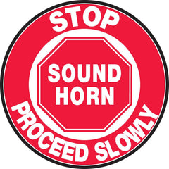 Adhesive Backed Floor Signs; Message Type: Traffic Control; Message/Graphic: Message & Graphic; Message or Graphic: Message & Graphic; Legend: STOP SOUND HORN PROCEED SLOWLY; Material: Vinyl; Legend Color: White; Color: Red, White; Shape: Circle