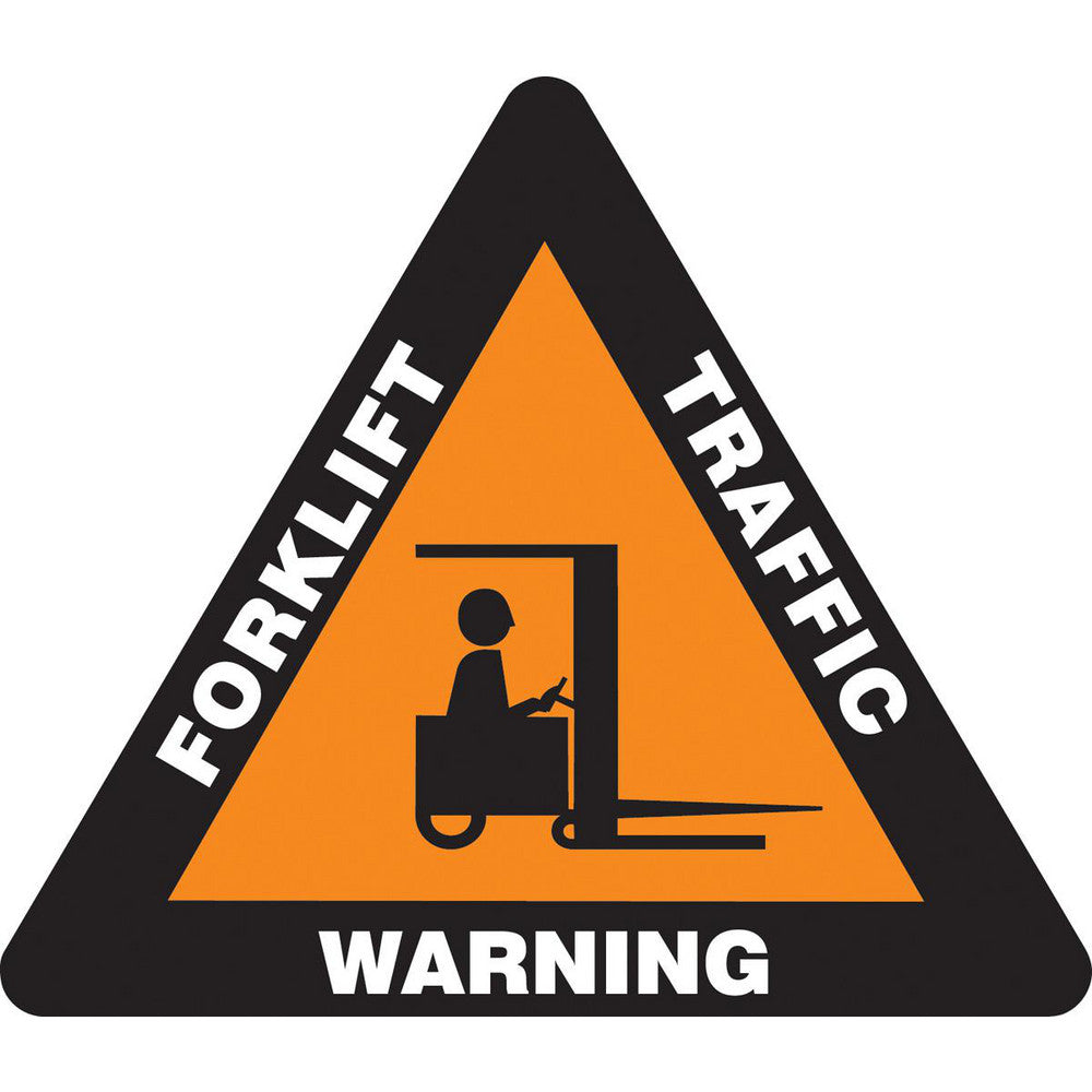 Adhesive Backed Floor Signs; Message Type: Traffic Control; Message/Graphic: Message & Graphic; Message or Graphic: Message & Graphic; Legend: WARNING FORKLIFT TRAFFIC; Material: Vinyl; Legend Color: White; Color: White, Black, Orange; Shape: Triangle