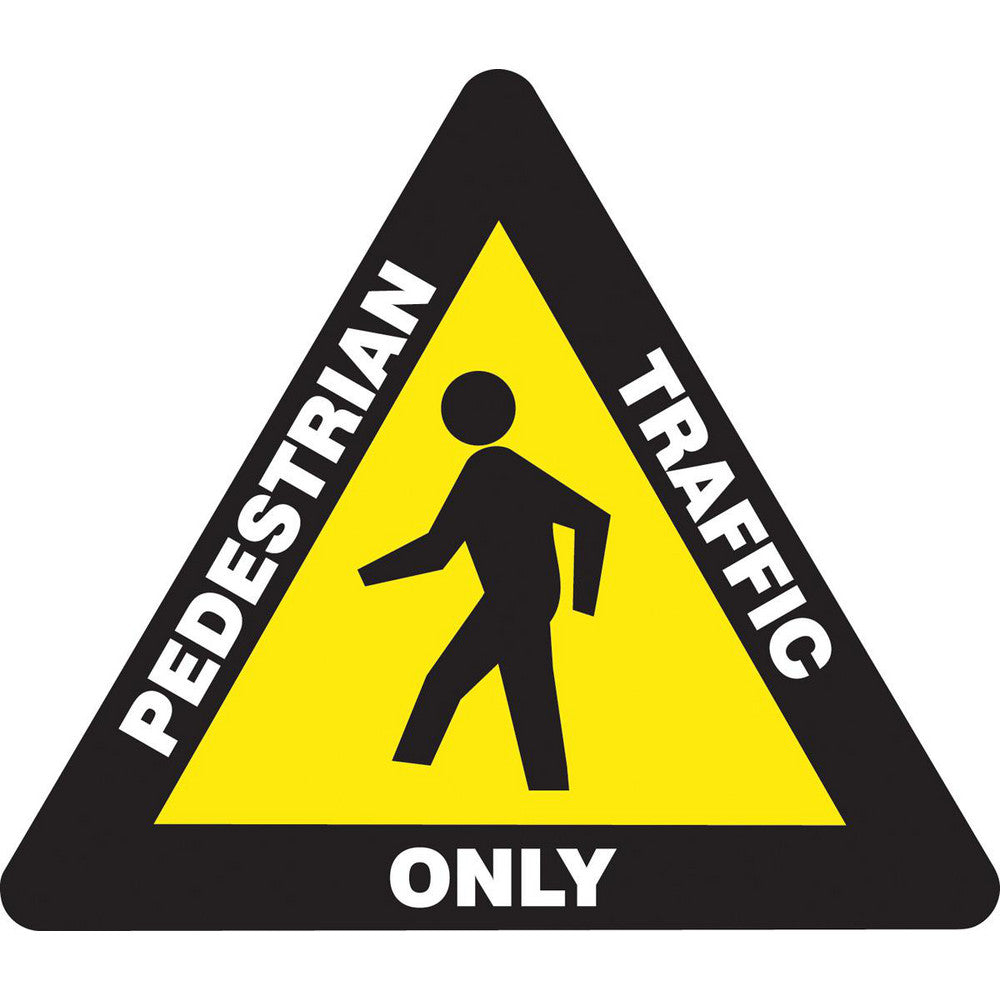 Adhesive Backed Floor Signs; Message Type: Traffic Control; Message/Graphic: Message & Graphic; Message or Graphic: Message & Graphic; Legend: PEDESTRIAN TRAFFIC ONLY; Material: Vinyl; Legend Color: White; Color: White, Yellow, Black; Shape: Triangle