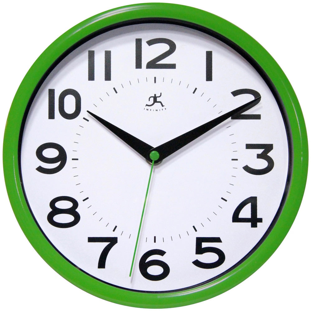 Office Wall Clocks; Clock Type: Dial; Display Type: Analog; Power Source: Battery; Clock Movement Control: Manual; Face Diameter: 7.75000; Face Color: White; Case Color: Green; Digit Color: Black