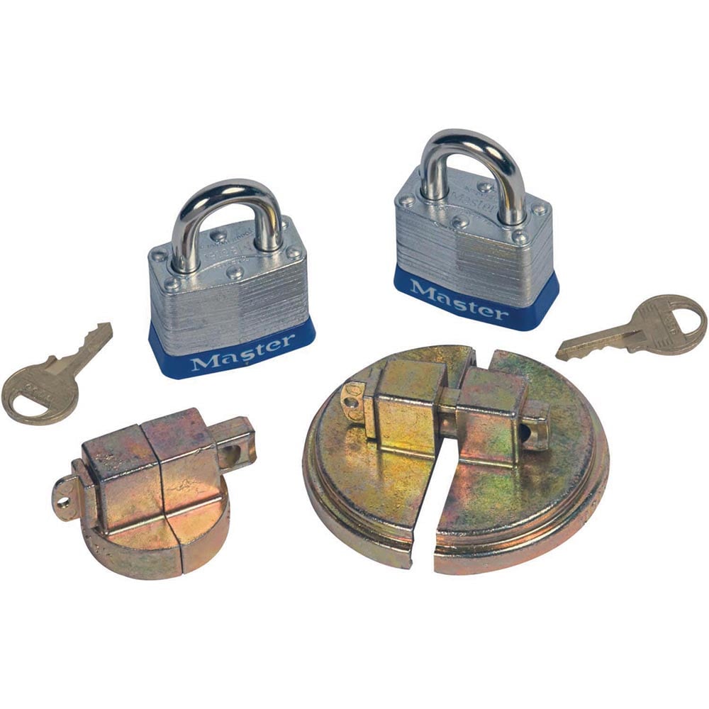 Drum Lock Down Handles; Type: Drum Lock; Drum Compatibility: 55 Gal. Drums w/1 & 2 Holes; Description: Drum Lock Set for Steel Drums, 1 set fits 2" bung, 1 set fits 3/4" bung, 2 lock bars, 2 padlocks.; For Use With: Closed Headed Drums with 2" & .75' Bung