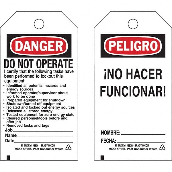 Do Not Operate Tag: 5-3/4" High, 3" Wide, Paper, "DANGER"