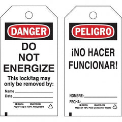 Energy Isolation Tag: 5-3/4" High, 3" Wide, Paper, "DANGER"