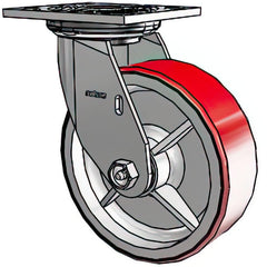 Rigid Top Plate Caster: Polyurethane Mold on to Cast Iron Center, 6" Wheel Dia, 2" Wheel Width, 1,200 lb Capacity, 7-1/2" OAH