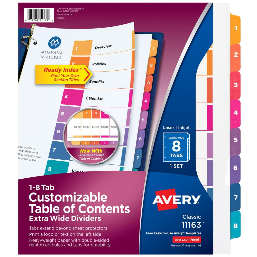 11 x 9 1/2" 1 to 8" Label, 8 Tabs, 3-Hole Punched, Preprinted Tab Dividers