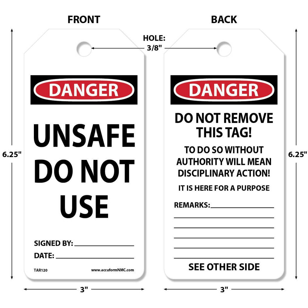 Accident Prevention Tag: Rectangle, 6-1/4" High, Synthetic Paper, "DANGER"