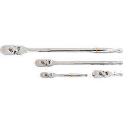 Ratchet Sets; Drive Size: 1/4, 3/8, 1/2; Overall Length (Inch): Various; Head Shape: Teardrop; Head Features: Reversible, Flat & Flex, Standard; Head Style: Flex; Material: Alloy Steel; Handle Type: Flex; Finish: Polished Chrome