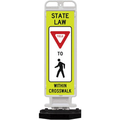 Pedestrian Crossing Sign:  A-Frame, Yield, " STATE LAW YIELD TO PEDESTRIAN WITHIN CROSSWALK"