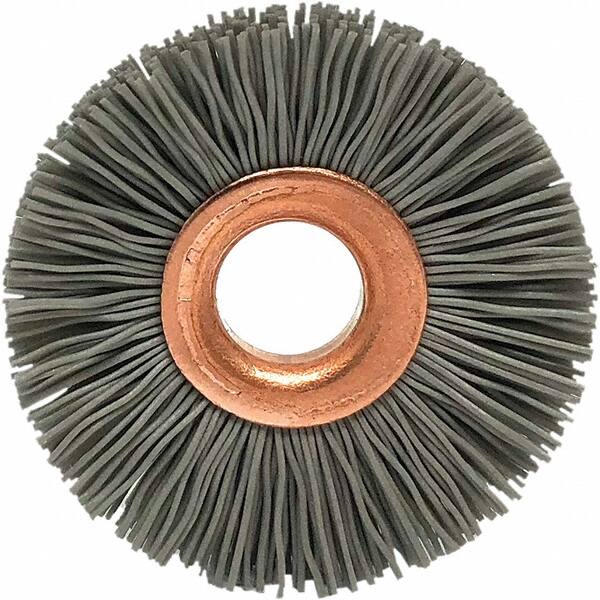 Brush Research Mfg. - 1-1/4" OD, 3/8" Arbor Hole, Crimped Abrasive Nylon Wheel Brush - 5/16" Face Width, 1/4" Trim Length, 20,000 RPM - Americas Industrial Supply
