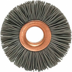 Brush Research Mfg. - 1-1/4" OD, 3/8" Arbor Hole, Crimped Abrasive Nylon Wheel Brush - 5/16" Face Width, 1/4" Trim Length, 20,000 RPM - Americas Industrial Supply