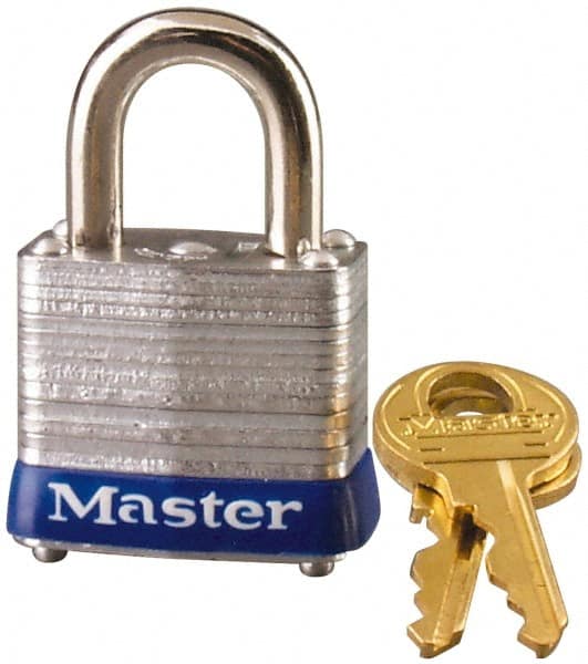 Master Lock - 9/16" Shackle Clearance, Keyed Alike General Security Padlock - 3/16" Shackle Diam, Laminated Steel - Americas Industrial Supply