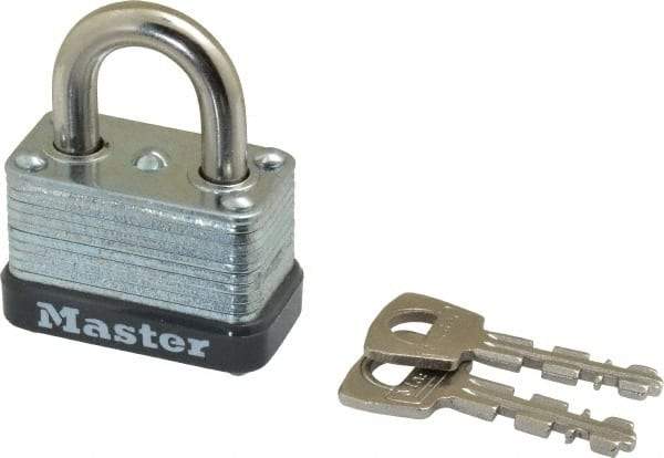 Master Lock - 9/16" Shackle Clearance, Keyed Different Laminated Steel Padlock - 1/4" Shackle Diam, Laminated Steel - Americas Industrial Supply