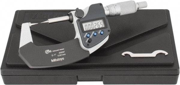 Mitutoyo - 1 Inch, 32mm Throat Depth, Ratchet Stop, Electronic Point Micrometer - Accurate Up to 0.0001 Inch, 0.3937 Inch Point Length, 15° Point Angle, 18mm Head Diameter - Americas Industrial Supply