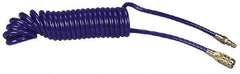Coilhose Pneumatics - 1/4" ID, 1/4 Thread, 25' Long, Blue Polyurethane Coiled & Self Storing Hose - 125 Max psi, Industrial Interchange Coupler x Plug - Americas Industrial Supply