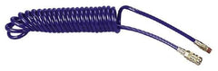 Coilhose Pneumatics - 1/4" ID, 1/4 Thread, 15' Long, Blue Polyurethane Coiled & Self Storing Hose - 125 Max psi, Industrial Interchange Coupler x Male Swivel - Americas Industrial Supply