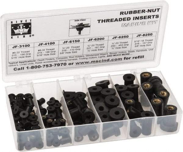 RivetKing 115 Piece #8-32 to 1/4-20 Thread Neoprene Well Nut Assortment 5/16 to 1/2" Body Diam, Includes #10-32 x 3/8, #8-32 x 5/16 & 1/4-20 x 1/2 - Americas Industrial Supply