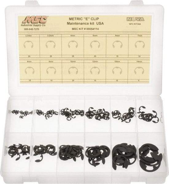 Made in USA - 190 Piece, M2.3 to M19, Steel, E Style External Retaining Ring Assortment - Includes Compartmented Case, Specification Labels - Americas Industrial Supply