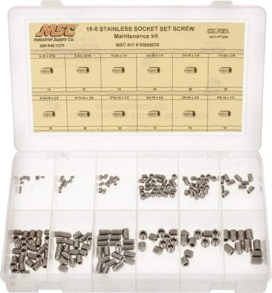 Value Collection - 200 Piece, #6-32 to 3/8-24, Stainless Steel Set Screw Assortment - Socket Cap Head, Hex Socket Drive, 3/16 to 3/8" Long, Grade 18-8 - Americas Industrial Supply