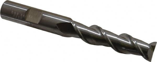 SGS - 1/2", 2" LOC, 1/2" Shank Diam, 4" OAL, 2 Flute, Solid Carbide Square End Mill - Single End, Uncoated, Spiral Flute, 45° Helix, Centercutting, Right Hand Cut, Right Hand Flute, Series 44 - Americas Industrial Supply