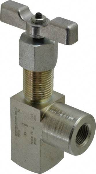 Made in USA - 3/8" Pipe, Angled Hard Seat Needle Valve - FNPT x FNPT Ends, Alloy Valve, 10,000 Max psi - Americas Industrial Supply