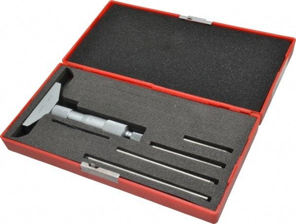 Value Collection - 0 to 4" Range, 4 Rod, Satin Chrome Finish Mechanical Depth Micrometer - Ball Thimble, 2-1/2" Base Length, 0.001" Graduation, 4.5mm Rod Diam - Americas Industrial Supply