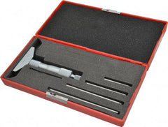 Value Collection - 0 to 4" Range, 4 Rod, Satin Chrome Finish Mechanical Depth Micrometer - Ball Thimble, 2-1/2" Base Length, 0.001" Graduation, 4.5mm Rod Diam - Americas Industrial Supply