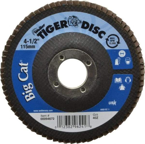 Weiler - 40 Grit, 4-1/2" Disc Diam, 7/8" Center Hole, Type 27 Zirconia Alumina Flap Disc - 12,000 Max RPM, Phenolic Backing, Arbor Attaching System, Coated - Americas Industrial Supply