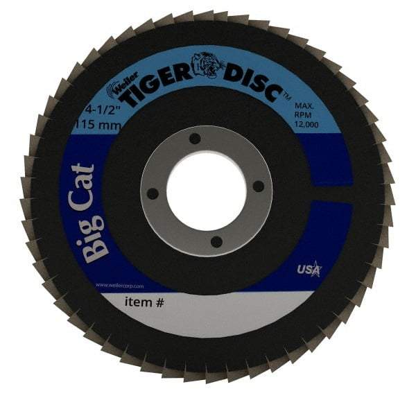 Weiler - 60 Grit, 4-1/2" Disc Diam, 7/8" Center Hole, Type 27 Zirconia Alumina Flap Disc - 12,000 Max RPM, Phenolic Backing, Arbor Attaching System, Coated - Americas Industrial Supply