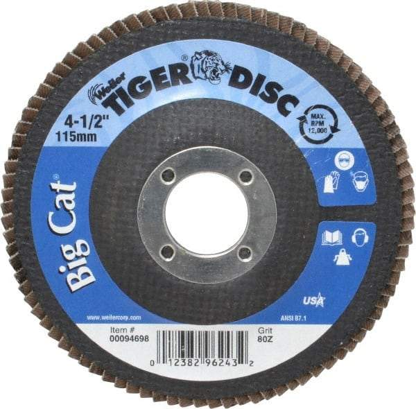 Weiler - 80 Grit, 4-1/2" Disc Diam, 7/8" Center Hole, Type 27 Zirconia Alumina Flap Disc - 12,000 Max RPM, Phenolic Backing, Arbor Attaching System, Coated - Americas Industrial Supply