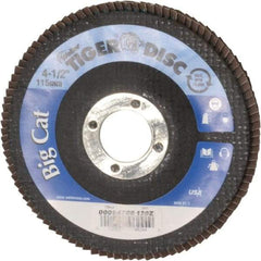 Weiler - 120 Grit, 4-1/2" Disc Diam, 7/8" Center Hole, Type 27 Zirconia Alumina Flap Disc - 12,000 Max RPM, Phenolic Backing, Arbor Attaching System, Coated - Americas Industrial Supply