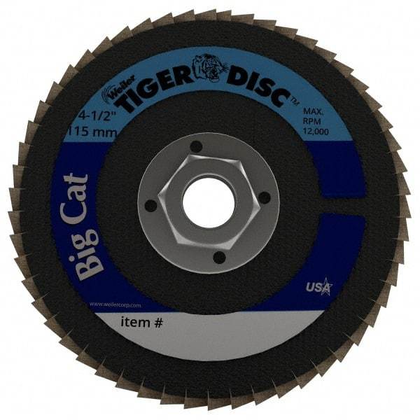 Weiler - 40 Grit, 4-1/2" Disc Diam, 5/8-11 Center Hole, Type 27 Zirconia Alumina Flap Disc - 12,000 Max RPM, Phenolic Backing, Arbor Attaching System, Coated - Americas Industrial Supply