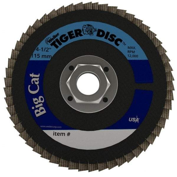 Weiler - 60 Grit, 4-1/2" Disc Diam, 5/8-11 Center Hole, Type 27 Zirconia Alumina Flap Disc - 12,000 Max RPM, Phenolic Backing, Arbor Attaching System, Coated - Americas Industrial Supply