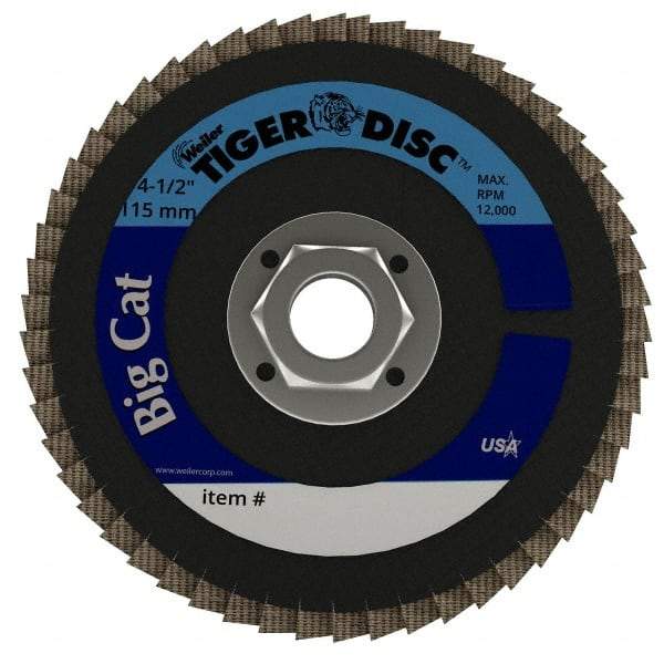 Weiler - 80 Grit, 4-1/2" Disc Diam, 5/8-11 Center Hole, Type 27 Zirconia Alumina Flap Disc - 12,000 Max RPM, Phenolic Backing, Arbor Attaching System, Coated - Americas Industrial Supply