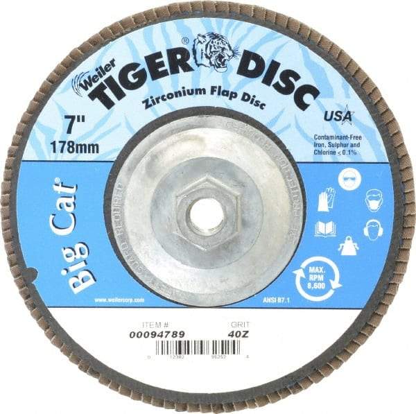Weiler - 40 Grit, 7" Disc Diam, 5/8-11 Center Hole, Type 27 Zirconia Alumina Flap Disc - 8,600 Max RPM, Phenolic Backing, Arbor Attaching System, Coated - Americas Industrial Supply