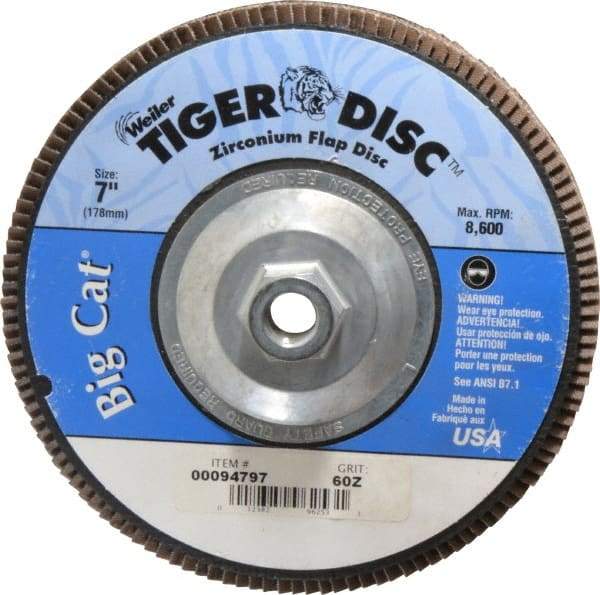 Weiler - 60 Grit, 7" Disc Diam, 5/8-11 Center Hole, Type 27 Zirconia Alumina Flap Disc - 8,600 Max RPM, Phenolic Backing, Arbor Attaching System, Coated - Americas Industrial Supply