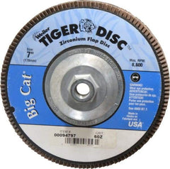 Weiler - 60 Grit, 7" Disc Diam, 5/8-11 Center Hole, Type 27 Zirconia Alumina Flap Disc - 8,600 Max RPM, Phenolic Backing, Arbor Attaching System, Coated - Americas Industrial Supply