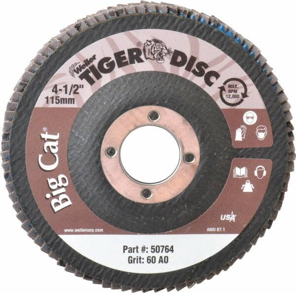Weiler - 60 Grit, 4-1/2" Disc Diam, 7/8" Center Hole, Type 27 Aluminum Oxide Flap Disc - 12,000 Max RPM, Phenolic Backing, Arbor Attaching System, Coated - Americas Industrial Supply