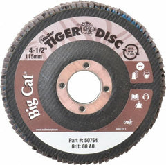 Weiler - 60 Grit, 4-1/2" Disc Diam, 7/8" Center Hole, Type 27 Aluminum Oxide Flap Disc - 12,000 Max RPM, Phenolic Backing, Arbor Attaching System, Coated - Americas Industrial Supply
