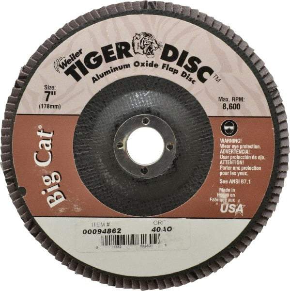 Weiler - 40 Grit, 7" Disc Diam, 7/8" Center Hole, Type 27 Aluminum Oxide Flap Disc - 8,600 Max RPM, Phenolic Backing, Arbor Attaching System, Coated - Americas Industrial Supply