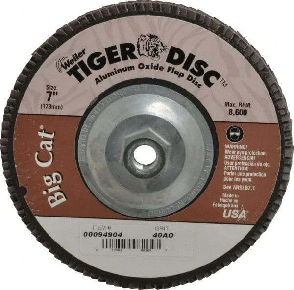 Weiler - 40 Grit, 7" Disc Diam, 5/8-11 Center Hole, Type 27 Aluminum Oxide Flap Disc - 8,600 Max RPM, Phenolic Backing, Arbor Attaching System, Coated - Americas Industrial Supply