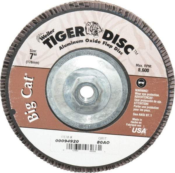 Weiler - 80 Grit, 7" Disc Diam, 5/8-11 Center Hole, Type 27 Aluminum Oxide Flap Disc - 8,600 Max RPM, Phenolic Backing, Arbor Attaching System, Coated - Americas Industrial Supply