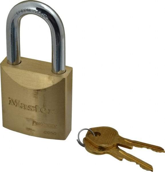 Master Lock - 1-1/2" Shackle Clearance, Keyed Different Pro Series Padlock - 29/32" Shackle Width, 3/8" Shackle Diam, Brass - Americas Industrial Supply