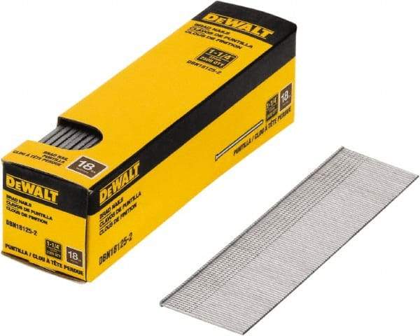 DeWALT - 18 Gauge 1-1/4" Long Finishing Nails for Power Nailers - Steel, Bright Finish, Smooth Shank, Straight Stick Collation, Brad Head, Chisel Point - Americas Industrial Supply