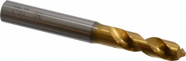 OSG - 10.50036mm 120° Spiral Flute Vanadium High Speed Steel Screw Machine Drill Bit - TiN Finish, Right Hand Cut, 43mm Flute Length, 100mm OAL, Faceted Point, Straight Shank - Americas Industrial Supply