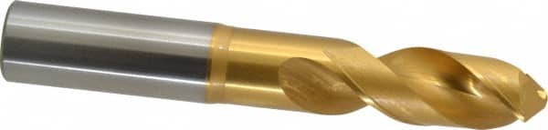 OSG - 18.9992mm 120° Spiral Flute Vanadium High Speed Steel Screw Machine Drill Bit - TiN Finish, Right Hand Cut, 64mm Flute Length, 130mm OAL, Faceted Point, Straight Shank - Americas Industrial Supply