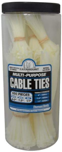 Thomas & Betts - 4 to 11 Inch Range, White Cable Ties - 3 Inch Bundle Diameter, 18, 40 and 50 Lb. Strength, Nylon - Americas Industrial Supply