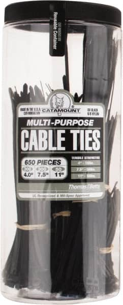 Thomas & Betts - 4 to 11 Inch Range, Black Cable Ties - 3 Inch Bundle Diameter, 18, 40 and 50 Lb. Strength, Nylon - Americas Industrial Supply