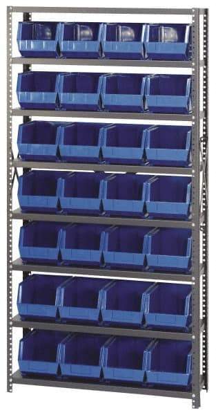 Quantum Storage - 12" Deep x 36" Wide x 75" High, Steel Open Hopper Storage Unit - 7/8 Shelves, 28 Yellow Plastic Bins, 8-1/4" Bin Width x 7" Bin Height x 11" Bin Depth - Americas Industrial Supply