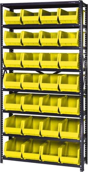 Quantum Storage - 12" Deep x 36" Wide x 75" High, Steel Open Hopper Storage Unit - 7/8 Shelves, 28 Blue Plastic Bins, 8-1/4" Bin Width x 7" Bin Height x 14-3/4" Bin Depth - Americas Industrial Supply