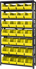 Quantum Storage - 12" Deep x 36" Wide x 75" High, Steel Open Hopper Storage Unit - 7/8 Shelves, 28 Yellow Plastic Bins, 8-1/4" Bin Width x 7" Bin Height x 14-3/4" Bin Depth - Americas Industrial Supply